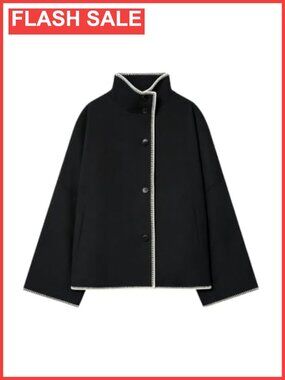 Womens Cropped Wool Blend Pea Coat Oversized Stand Collar Crop Jacket
